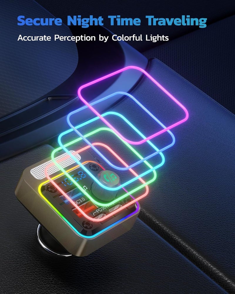 nulaxy 54W Bluetooth 5.3 Car Adapter with 4 Charging Ports [PD 36W & QC3.0 18W], Wireless Radio FM Transmitter with Deep Bass Player & 5 Colors LED Backlit, Hands-Free Calling - Gold - Image 5